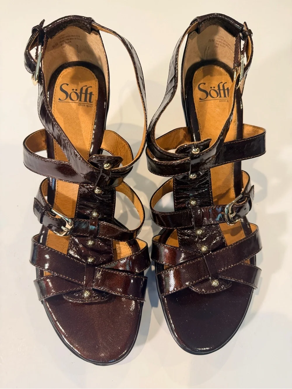 Women's Brown Strappy Patent Leather Sandals